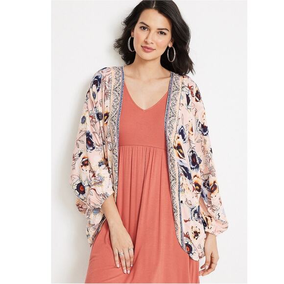 Maurices Sweaters - Maurices Pink Floral Peasant Sleeve Kimono XL Large Boho Spring Cover Up Cottage